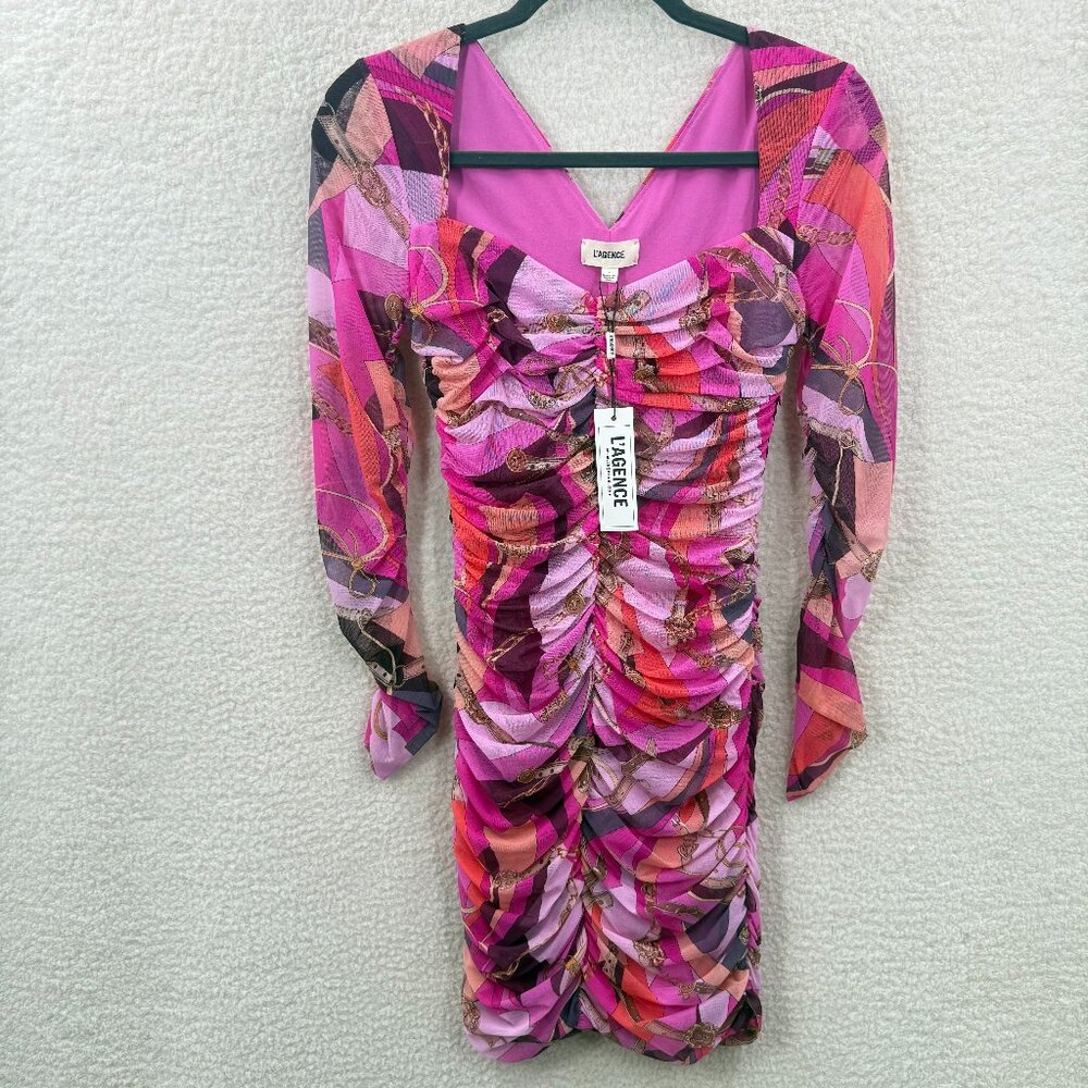 L'Agence  lolisa sweetheart minidress Mesh Long sleeves Pink  Ruched Sz 2
